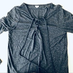 Grey Blue Long Sleeve Criss Cross V-neck Hallow Out T-Shirt Top Size XL